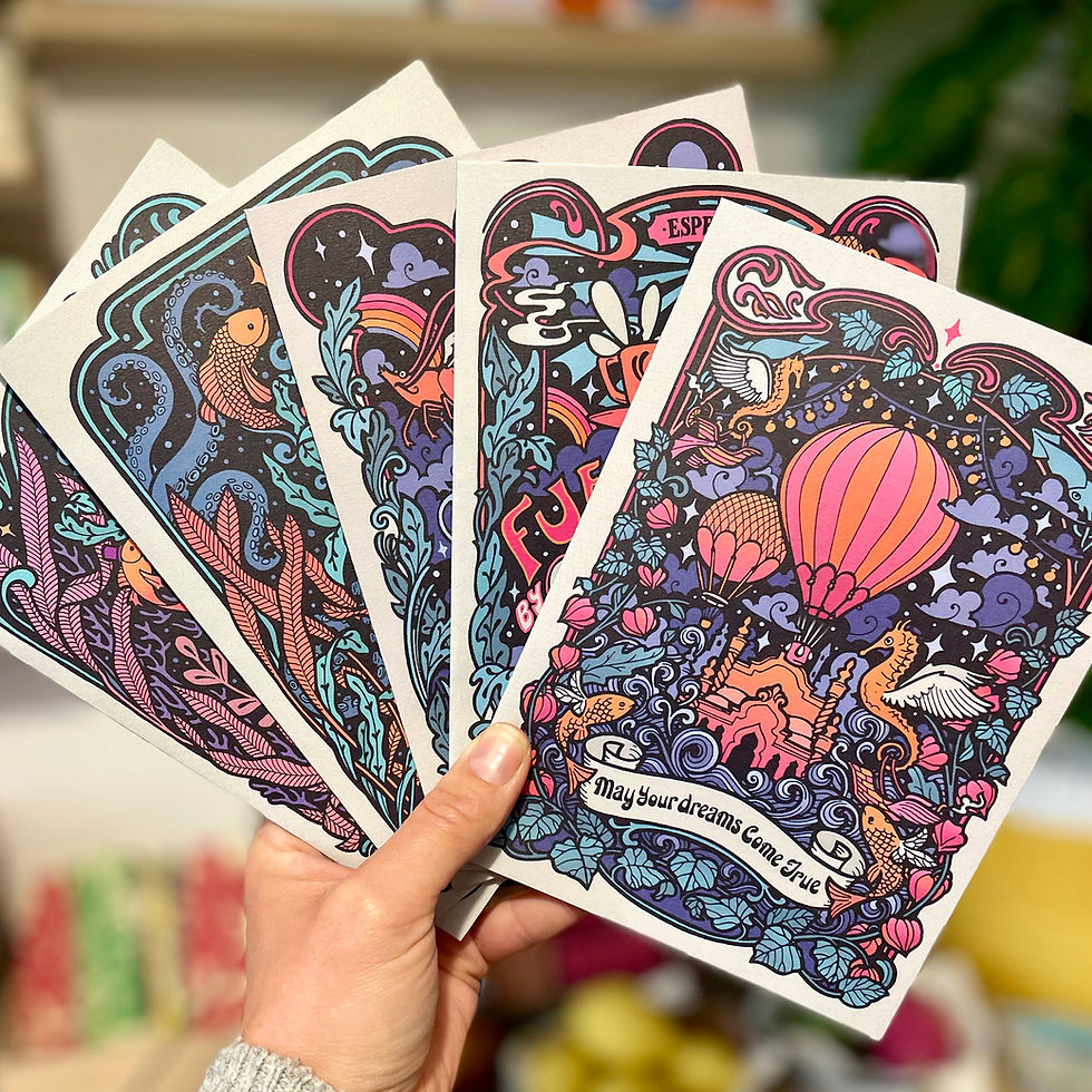 Thumbnail: Bed and Dreamscape. Pink, Orange and Blue Fantasy Card.