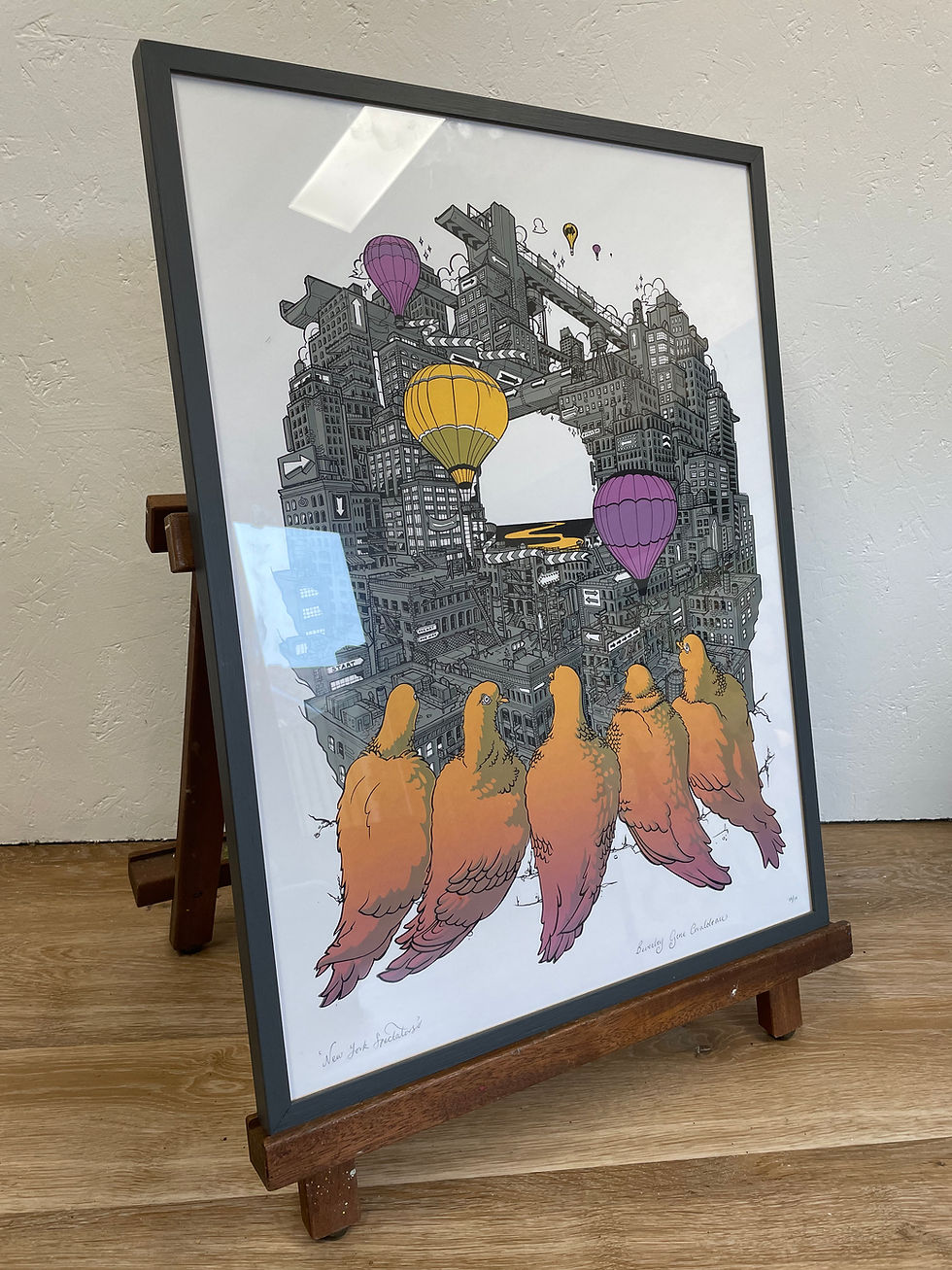 Thumbnail: New York and Pigeon Illustration Screen Print. Pink & Yellow City Wall Art Print