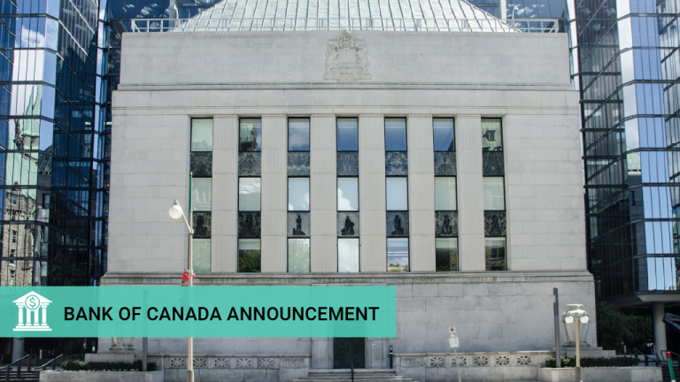 Bank of Canada building exterior framed by modern glass towers, with a teal banner reading “Bank of Canada Announcement.