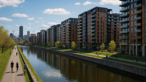 Vue panoramique de Griffintown à Montréal avec des immeubles de condos modernes de moyenne et grande hauteur le long du canal de Lachine, une piste cyclable et une promenade où les gens marchent, joggent et font du vélo, et la silhouette du centre-ville avec des grues de construction en arrière-plan.