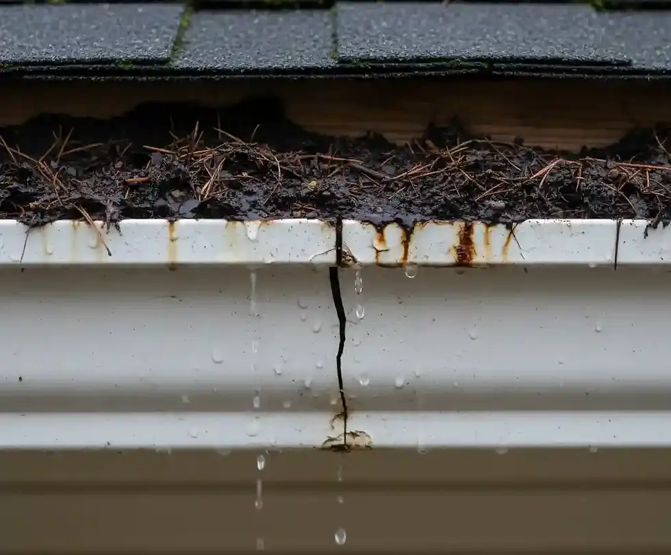 gutter leaks and many leaves at the outside