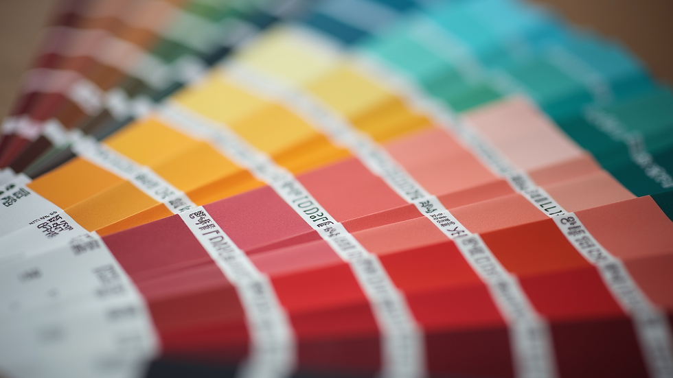 Close-up view of a color palette fan with various shades