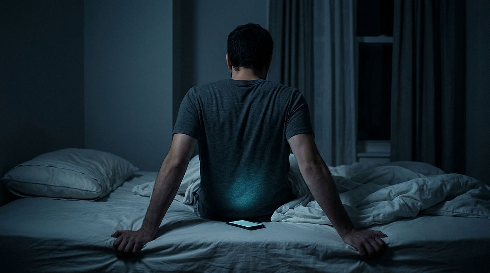 Adulto sentado na borda da cama desfeita à noite com brilho ciano de celular ao fundo, retratando o condicionamento negativo.