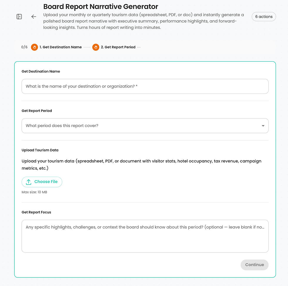 Board Report Narrative Generator input form showing fields for destination name, report period, tourism data file upload, and optional highlights for the board.