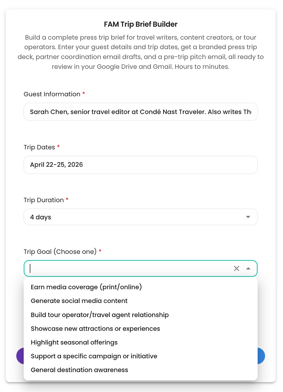 FAM Trip Brief Builder Agent input form showing fields for guest information, destination name, trip dates, trip goals dropdown, available experiences, and additional notes.