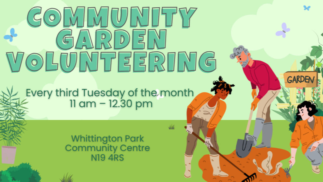 Cartoon infographic of a community gardening club in Islington