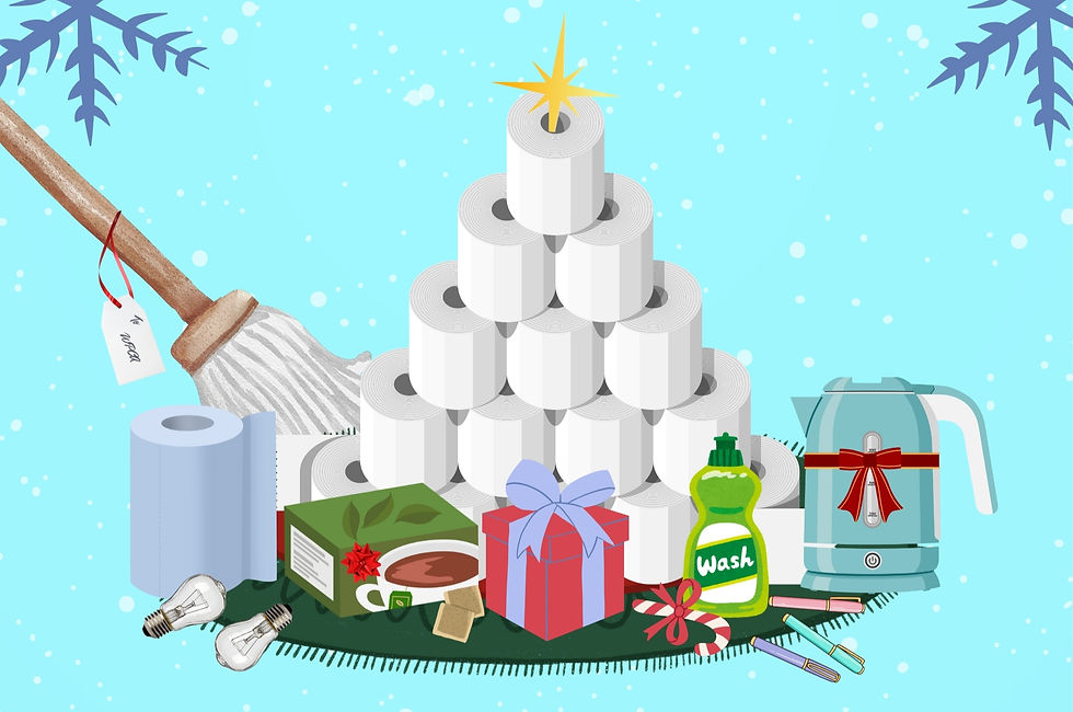 A festive poster for Whittington Park Community Association’s Boring Fund. The background is light blue with snowflakes. The headline reads “Boring Fund – All we want for Christmas is… toilet roll.” Below is a toilet-roll Christmas tree topped with a star, surrounded by everyday essentials like tea bags, washing-up liquid, lightbulbs, a kettle with a bow, a mop, and gift boxes. Text underneath explains that community centres need boring but essential items and asks for support. At the bottom is the contact email admin@whittingtonpca.org.uk