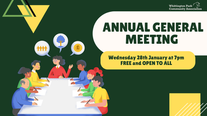 Poster advertising the Whittington Park Community Association Annual General Meeting, a community centre AGM in London. The poster shows the date Wednesday 28th January at 7pm, free and open to all, with illustrated local residents meeting around a table and text inviting the community to celebrate achievements and learn about future plans.