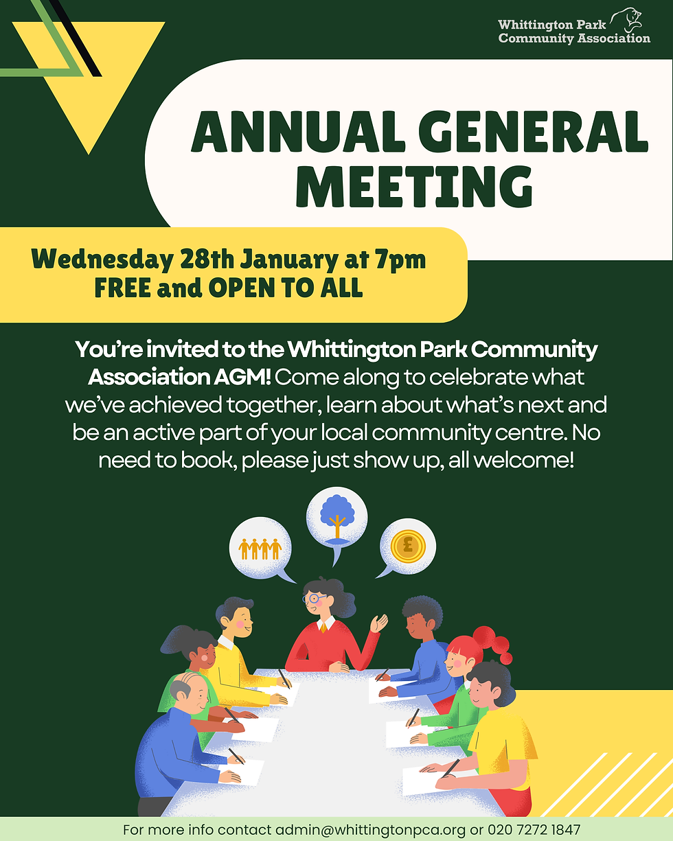 Poster advertising the Whittington Park Community Association Annual General Meeting, a community centre AGM in London. The poster shows the date Wednesday 28th January at 7pm, free and open to all, with illustrated local residents meeting around a table and text inviting the community to celebrate achievements and learn about future plans.