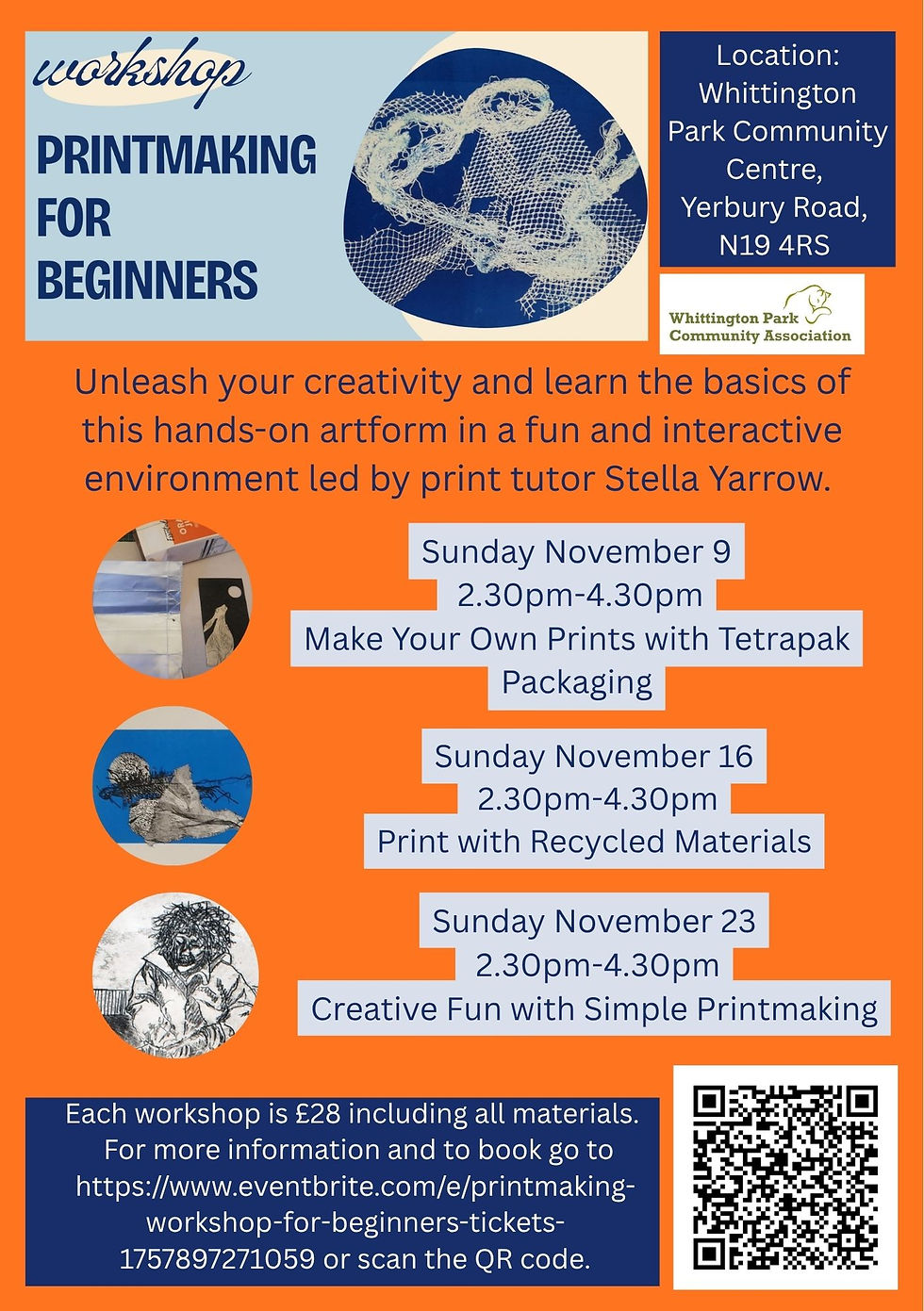 Poster promoting Stella Yarrow’s November printmaking workshops at Whittington Park Community Centre, featuring dates, prices, and creative print examples.