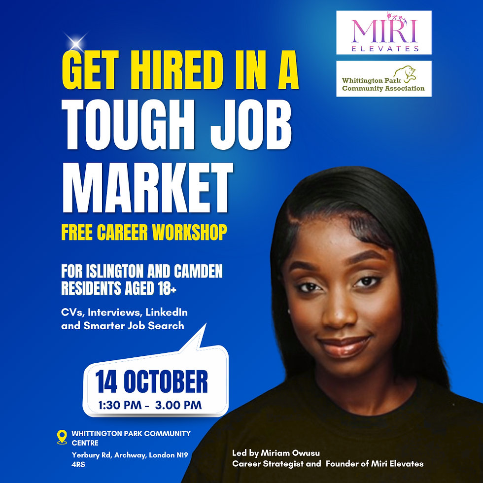 Get Hired free career workshop London poster for Islington and Camden residents, covering CVs, interviews, LinkedIn and job search support.