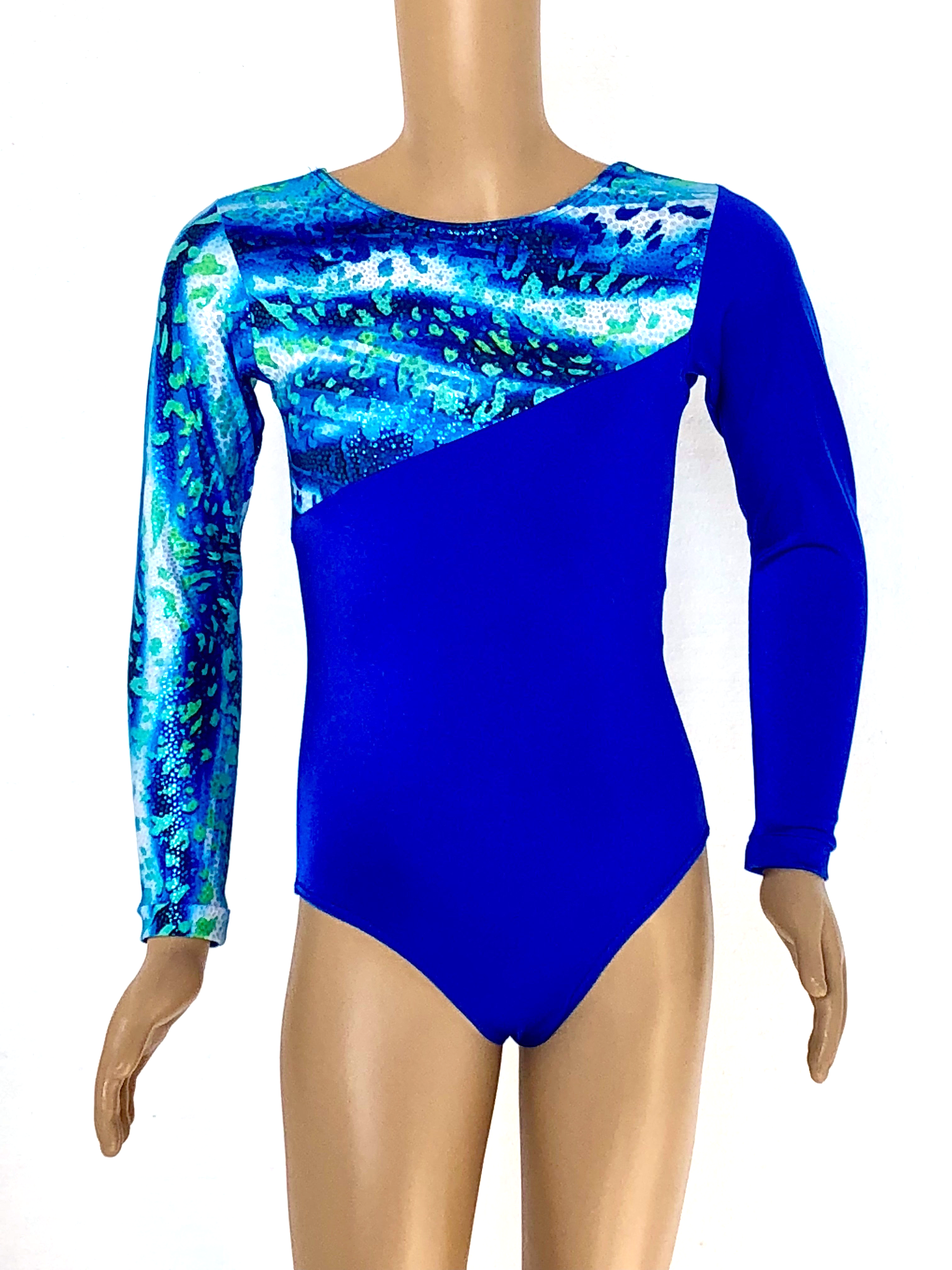Gandolfi Zara long sleeve leotard in shiny royal blue and water