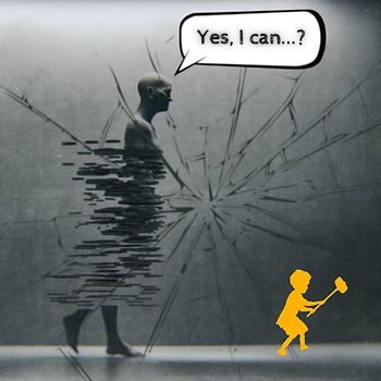 A broken man walking behind chattered glass asking himself "Yes, I can...?"