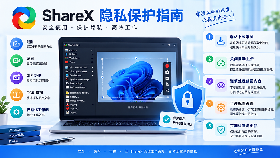 ShareX隐私保护指南海报，中央笔记本显示截图界面，左右列出截图、录屏、GIF、OCR等功能及5条隐私安全建议，蓝白科技风。