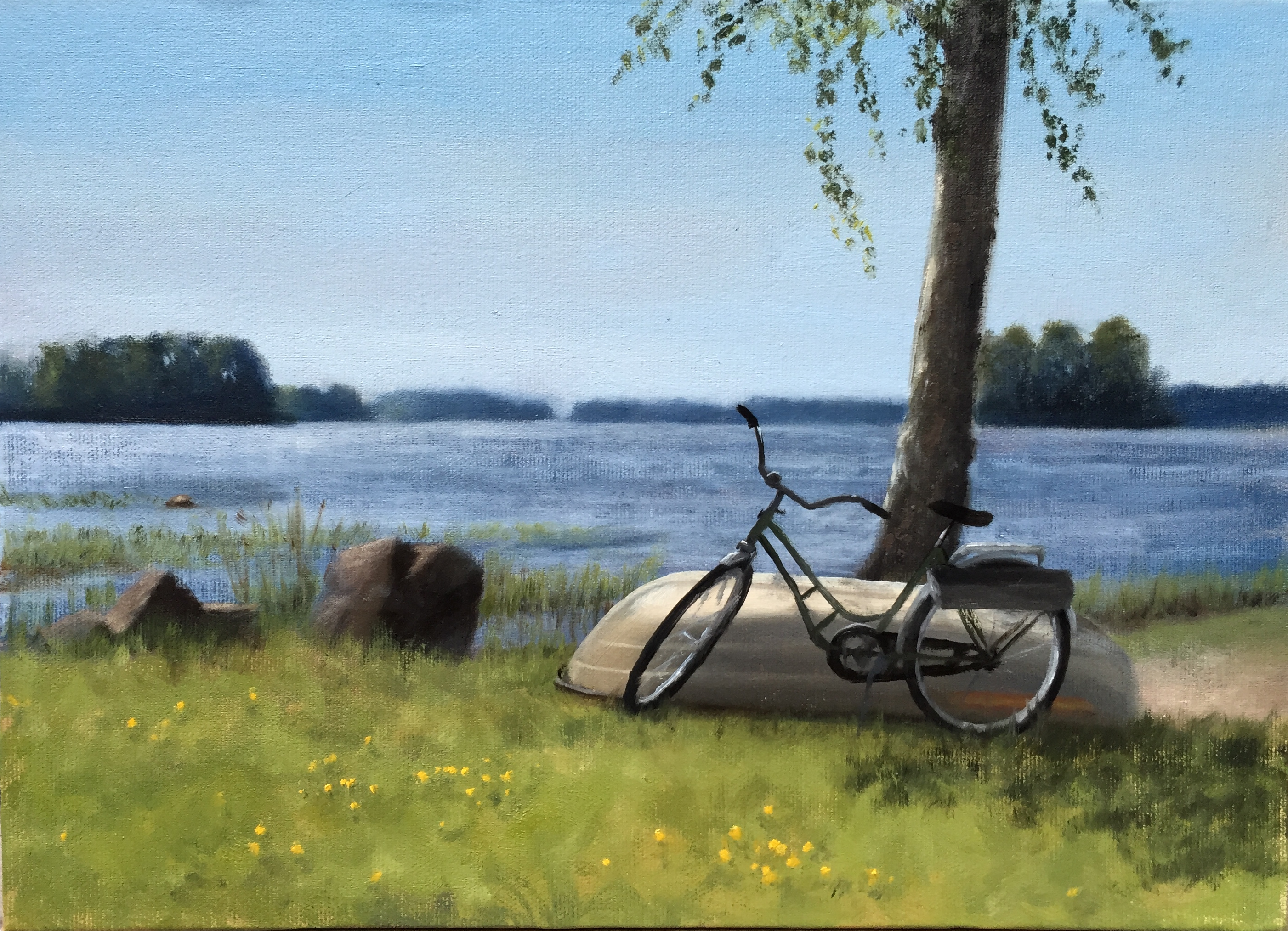 A Bicycle and a Boat by a Lake
