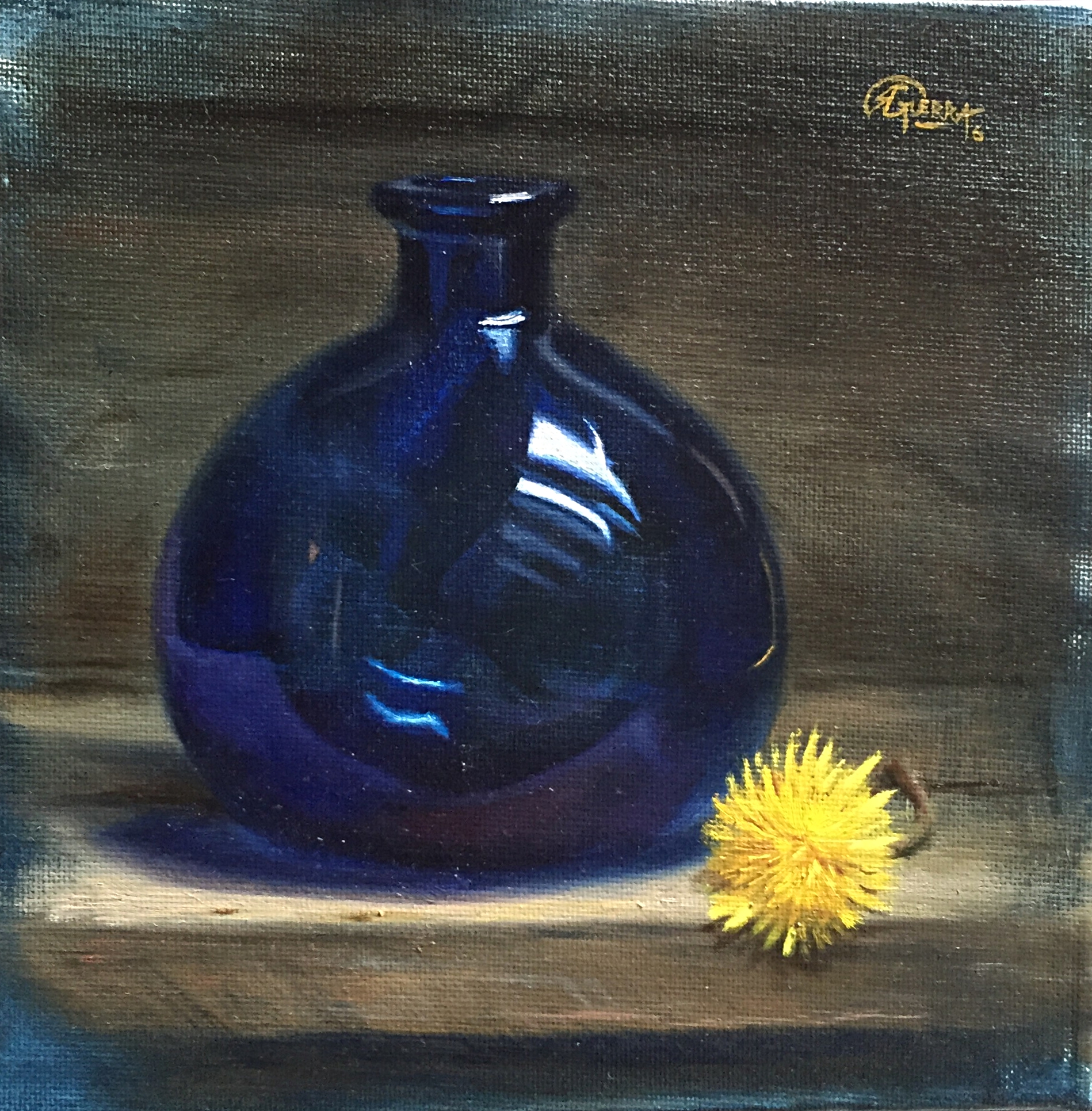 Blue Glass Vase and Dandelion Flower