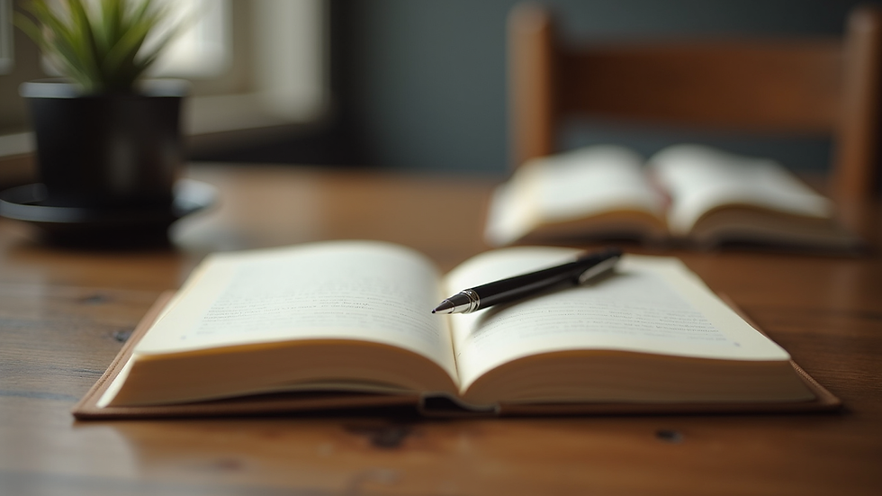 Eye-level view of a cozy journal with a pen on a wooden table