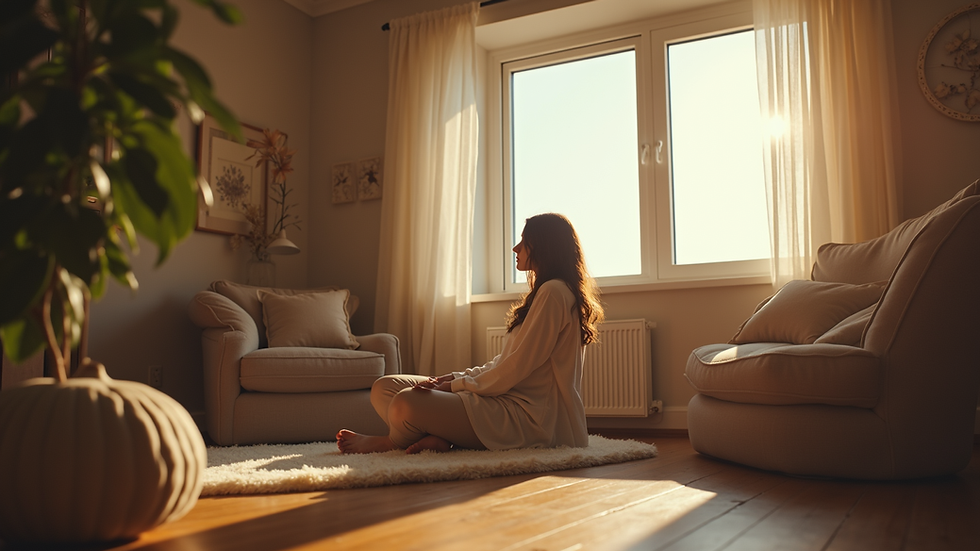 Eye-level view of a woman sitting peacefully in a cozy room with soft natural light