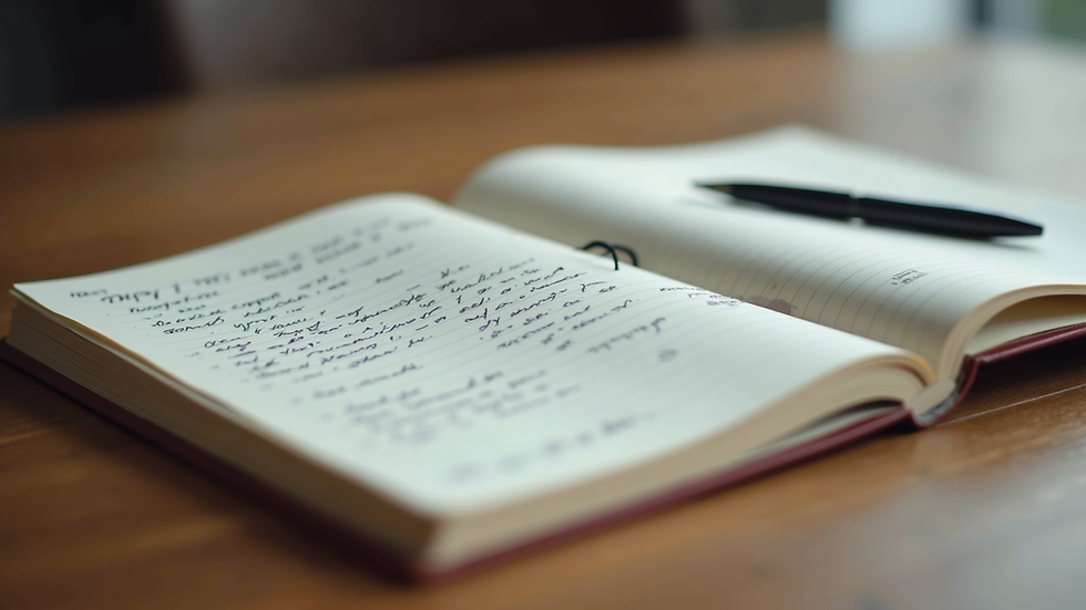 Close-up view of a journal with handwritten notes and a pen on a wooden table