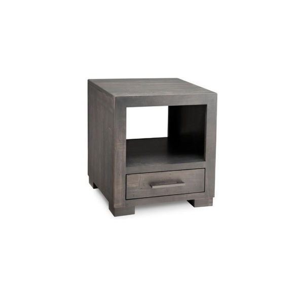 Handstone Furniture Sleek Steel City End Table in grey stain on solid wormy maple