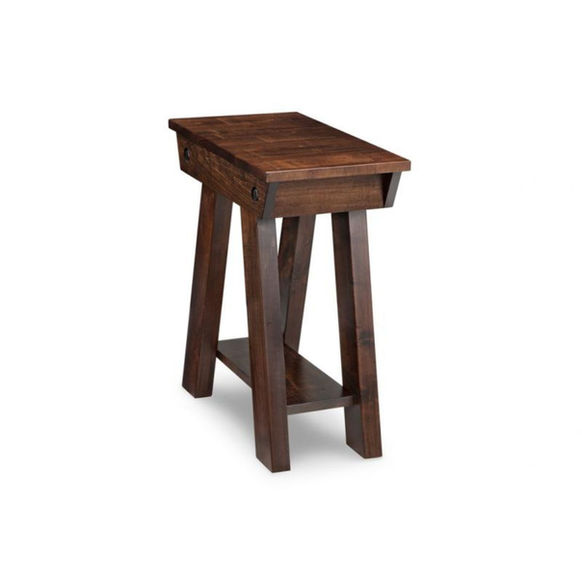 Algoma Chairside Table in rustic wood by Handstone with bolt accents