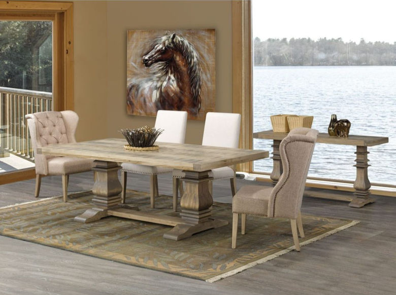 Cardinal Woodcraft Black Sea Dining Set in room with table, chairs and server