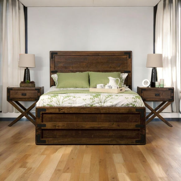 Saratoga X-Base Bedroom Set by Handstone in room with bed and nightstands