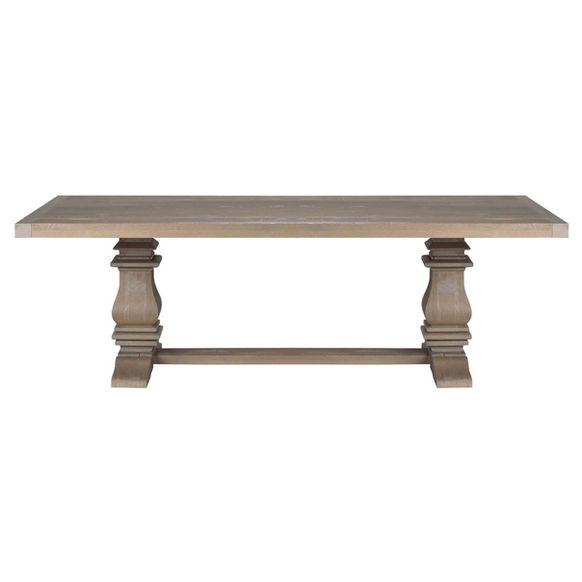 Black Sea Dining Table in light grey stain on rough cut wormy maple. Front view.