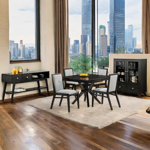 Handstone Tribeca Square Dining Set in room with table, chairs, display cabinet and server