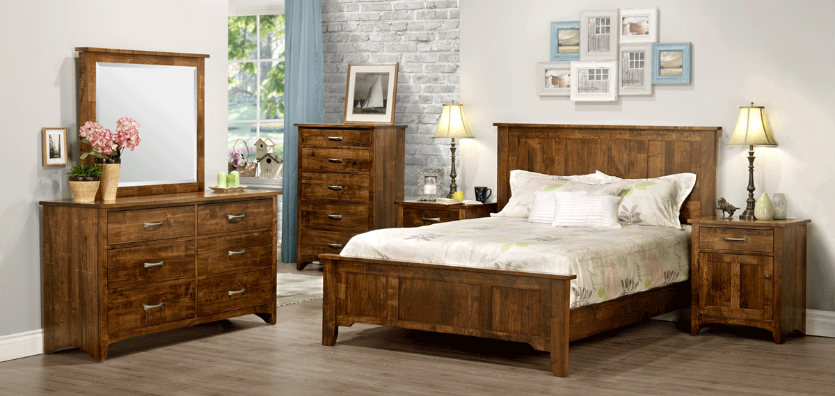 Handstone Furniture Glengarry Bedroom set in room with bed, nightstand, highboy and dresser