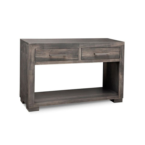 Handstone Furniture Sleek Steel City Sofa Table in grey stain on solid wormy maple