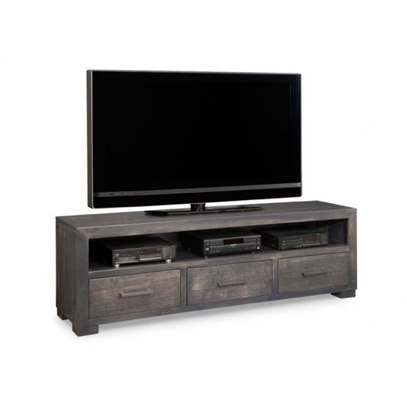 Stylish Steel City TV Stand in grey stain on wormy maple by Handstone