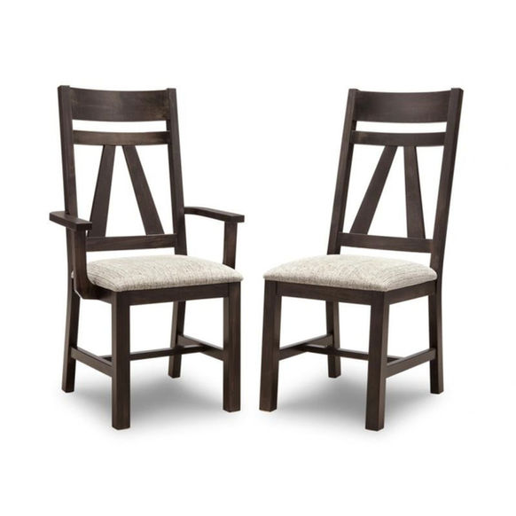 Algoma Dining Chair by Handstone in charcoal stain on wormy maple with fabric seat