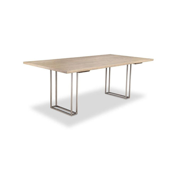 Electra Dining Table in light grey stain on oak with champagne metal base