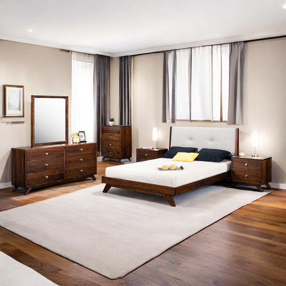 MId-century modern Tribeca Bedroom Set in room with bed, nightstand, highboy and dresser