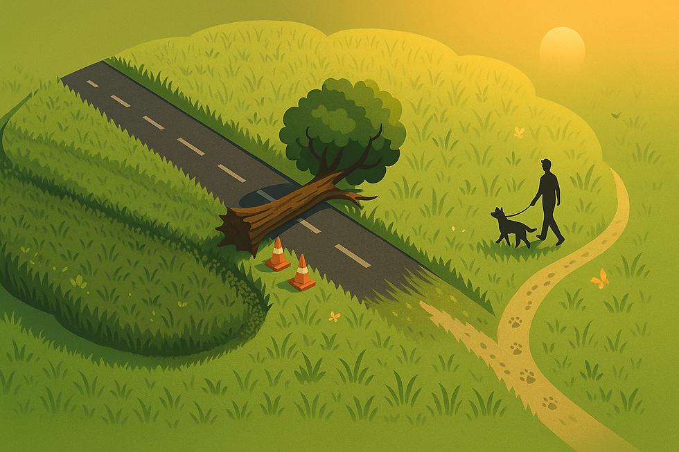 A fallen tree blocks a road with traffic cones, while a person walks a dog on a winding path at sunrise in a grassy field.