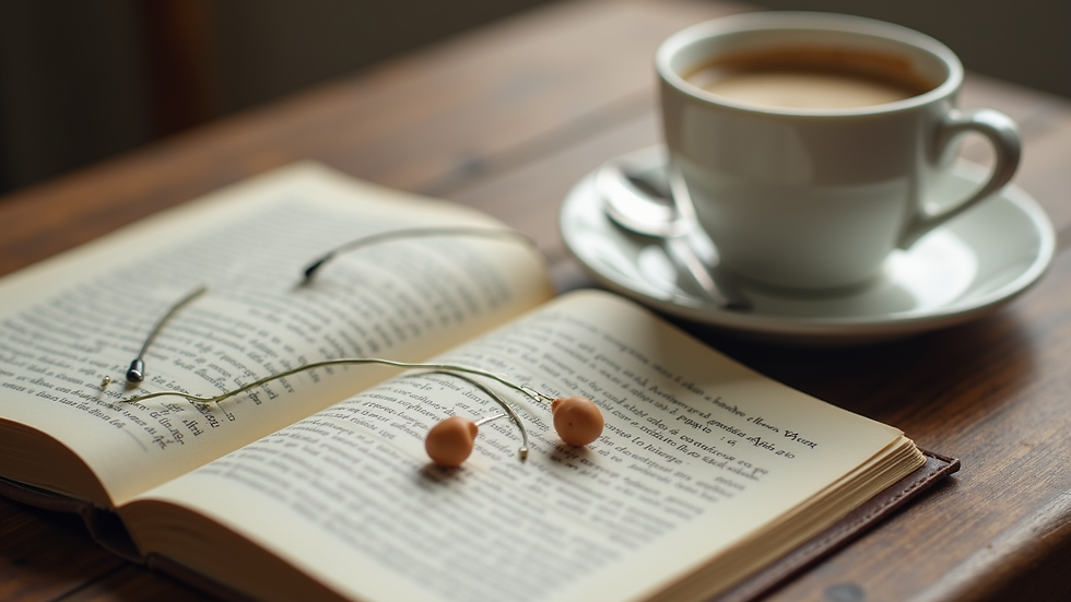 Plano cercano de una taza de café junto a una libreta y auriculares para una sesión de terapia virtual