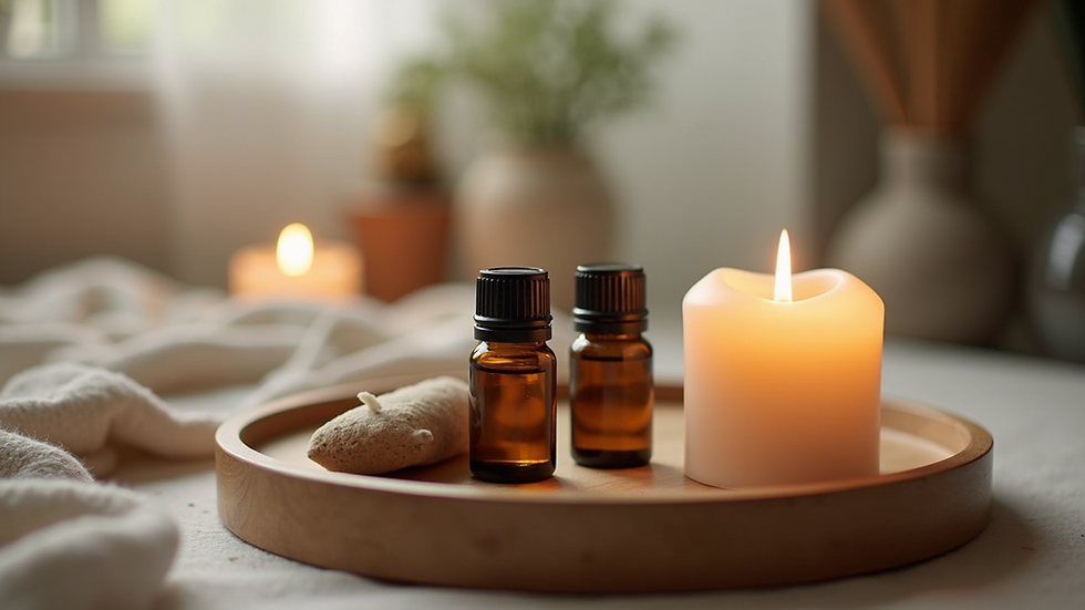 Close-up view of a scented candle and essential oils on a wooden tray