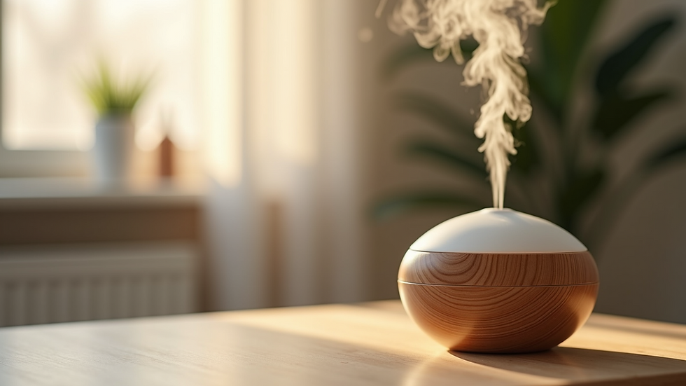 Close-up view of an essential oil diffuser emitting mist in a softly lit room