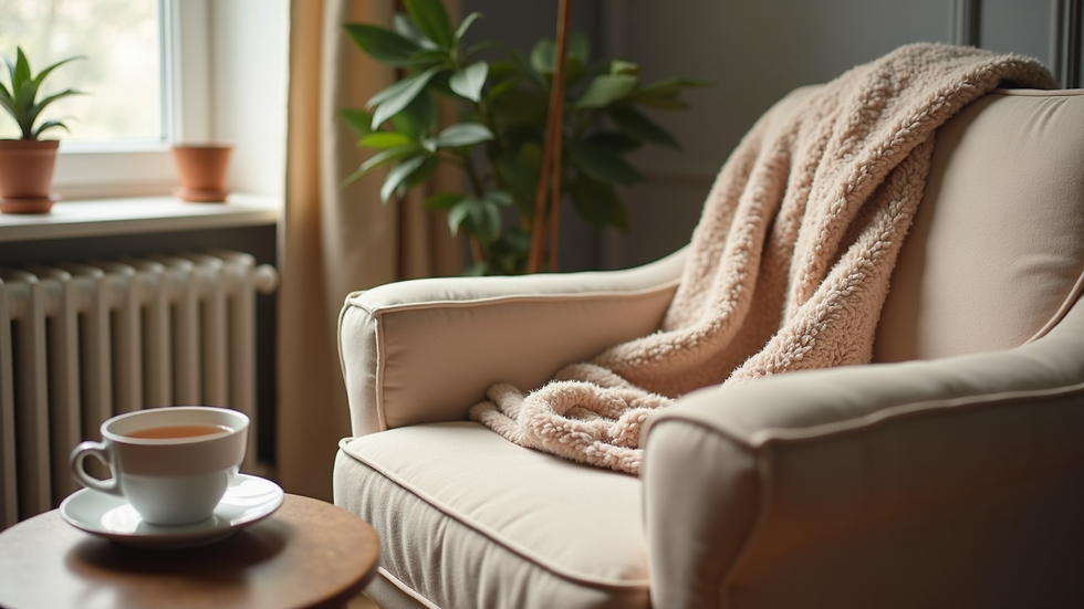 Eye-level view of a cozy corner with a plush chair, soft blanket, and a cup of tea