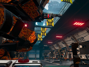 Inside a futuristic hangar, large mechs with fiery patterns stand under red lights. Yellow banners with "FC" hang from the ceiling, creating an intense atmosphere.