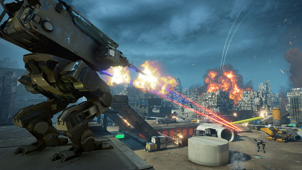 Giant mech fires red and blue lasers over a ruined city as explosions and smoke erupt under a stormy sky.