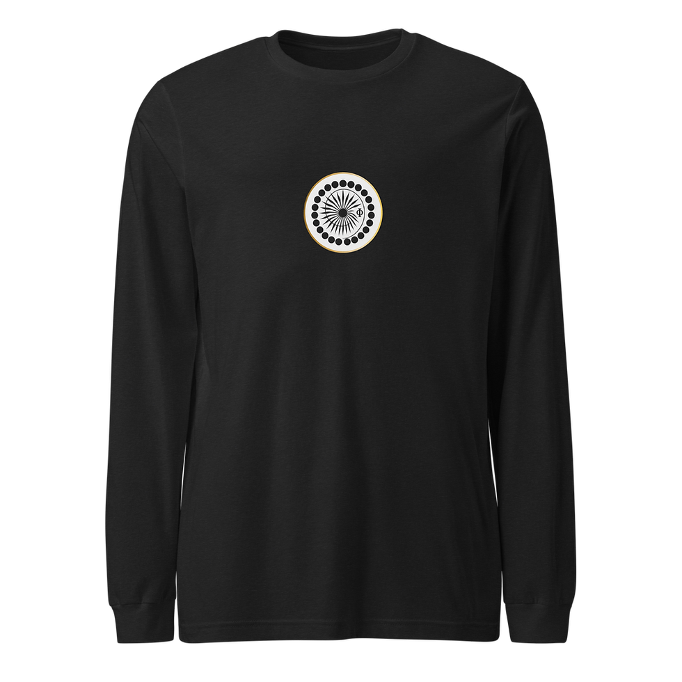 Black long sleeve tee shirt with a unique circular design. Unisex Long Sleeve Tee | Bella + Canvas 3501.