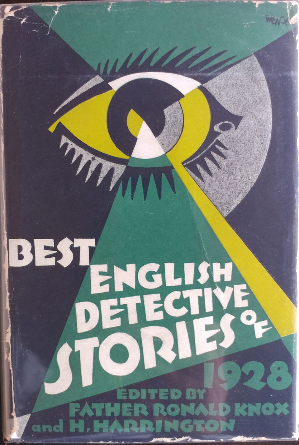 the cover of the 1929 book Best English Detective stories showing an eye and various art deco style colour blocks around it