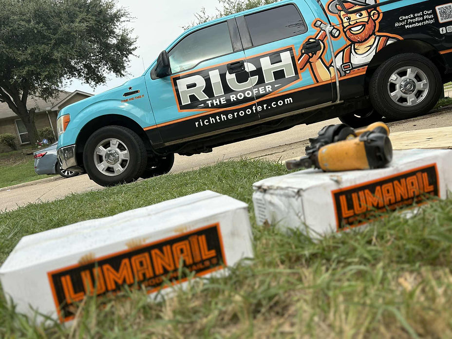Lumanial premium roofing nails and rich the roofer installing a class 3 roof in Forney, Tx