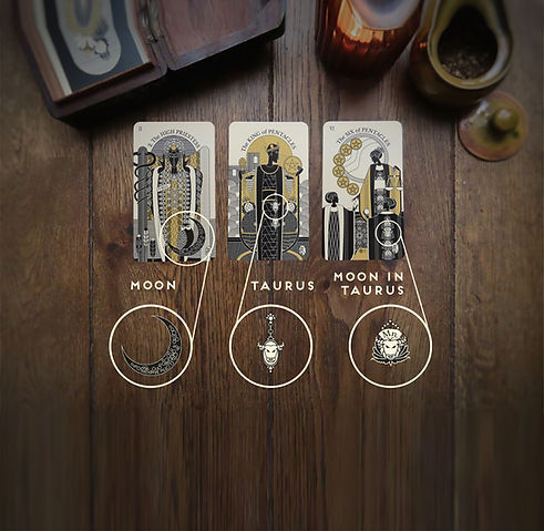 3 TOMAR tarot cards, the high priestess as moon, the king of pentacles as taurus, the six of pentacles as moon in taurus
