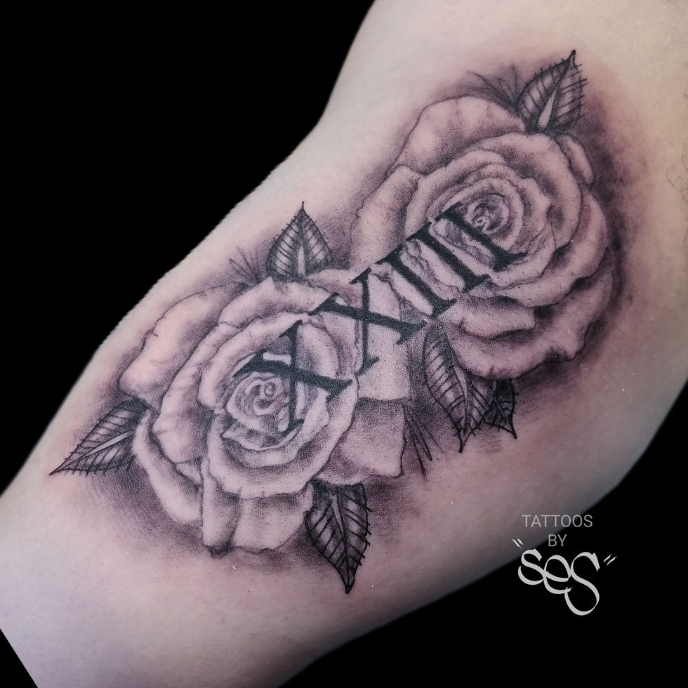 black and grey roses with roman numerals tattoo by Ses at Blackwork Tattoo Studio Little Falls,NJ