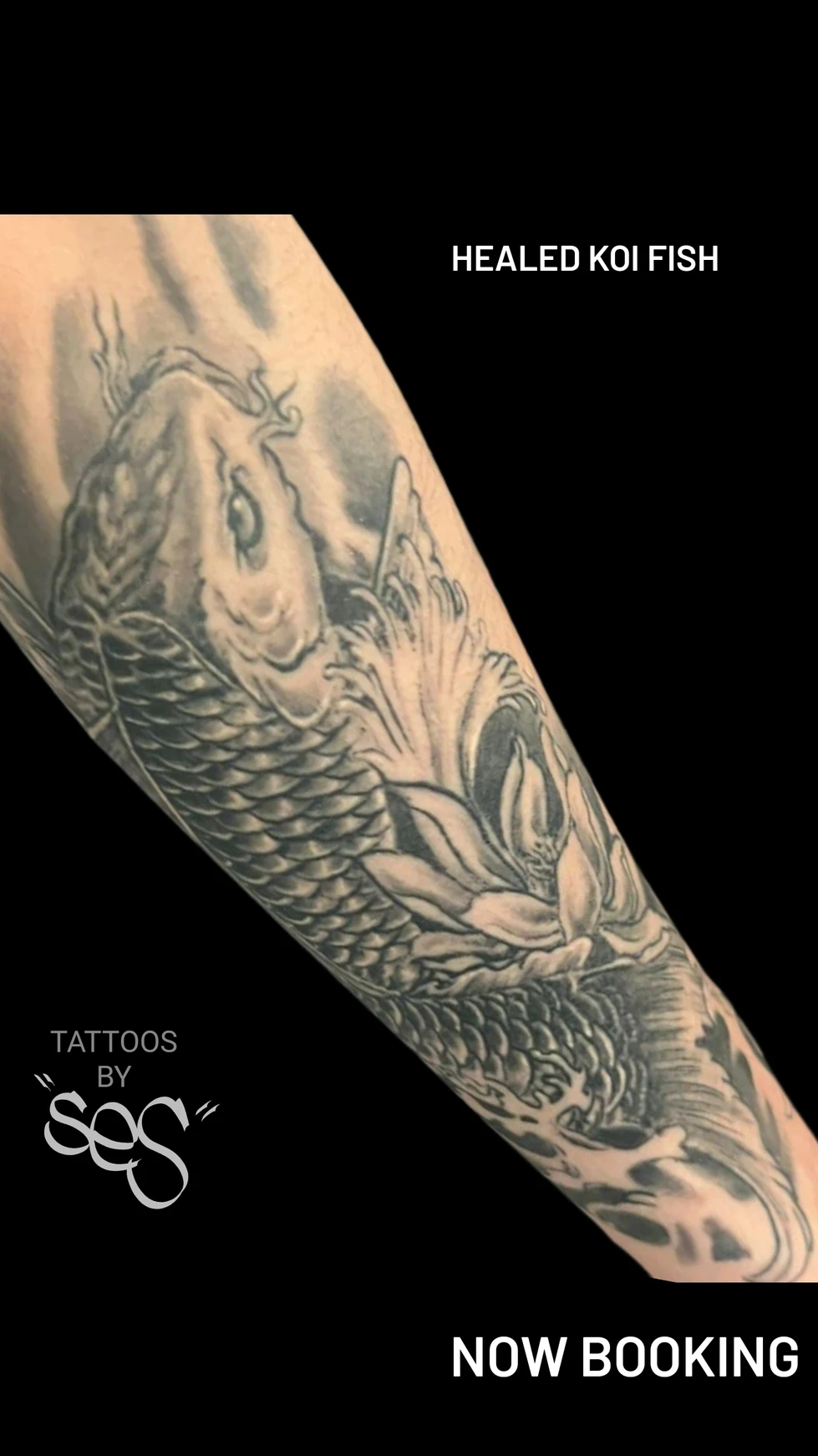 black and grey koi fish tattoo on forearm by Ses at Blackwork Tattoo Studio Little Falls,NJ