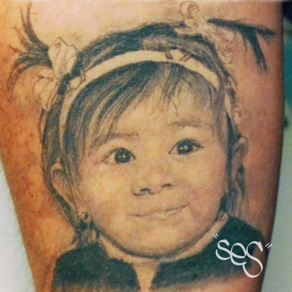 a close up of a black and grey portrait tattoo of a little girl by Ses