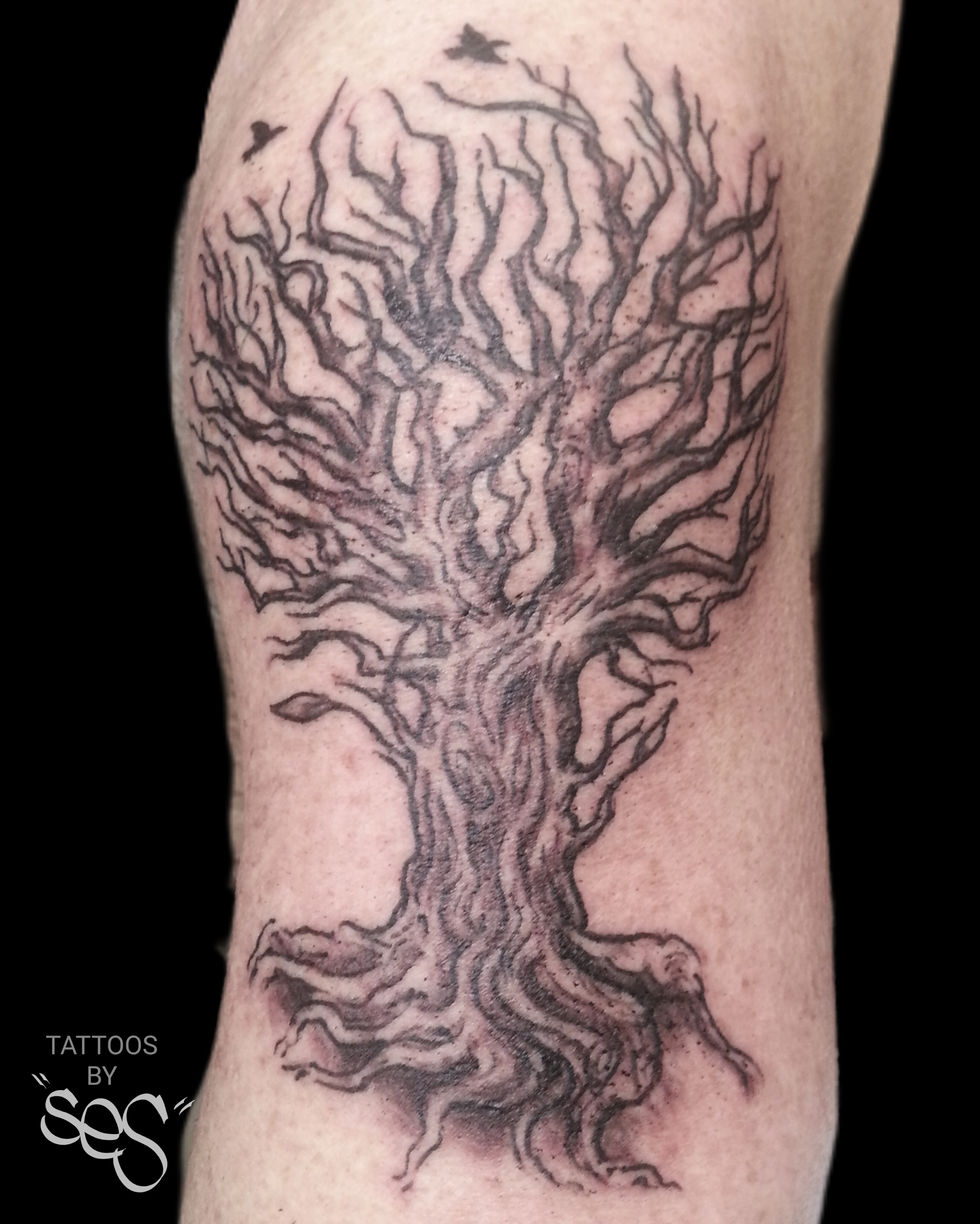 black and grey tree of life tattoo on arm by Ses at Blackwork Tattoo Studio Little Falls NJ